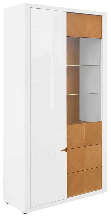 Vitrin Rovika REG1D1W2S (fehér fényes + natúr tölgy) (LED világítással). Akció -18%. 1025976