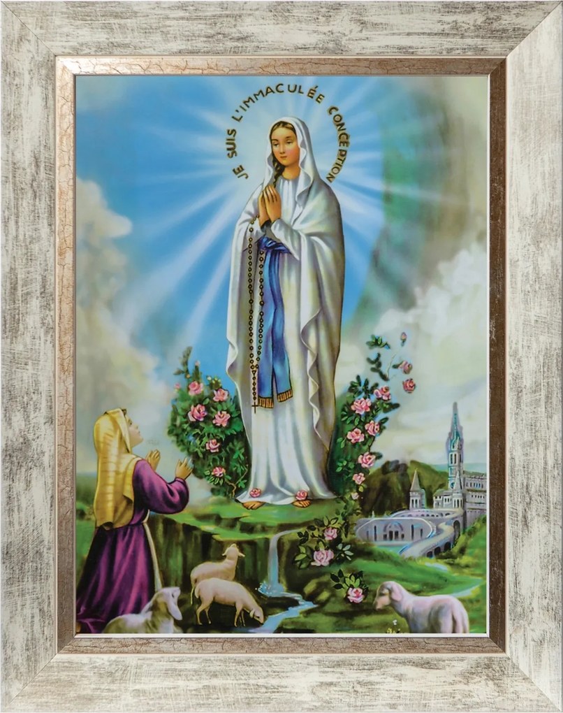 Szűzanya Lourdes Vallásos Kép Fehér Díszkeretben 30X40