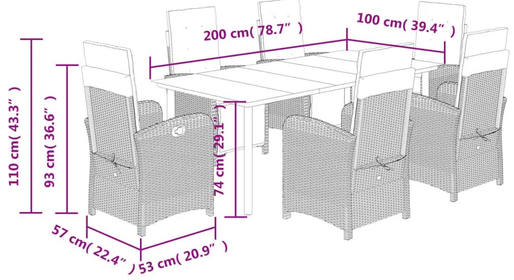 vidaXL 7 részes világosszürke polyrattan kerti étkezőszett párnával