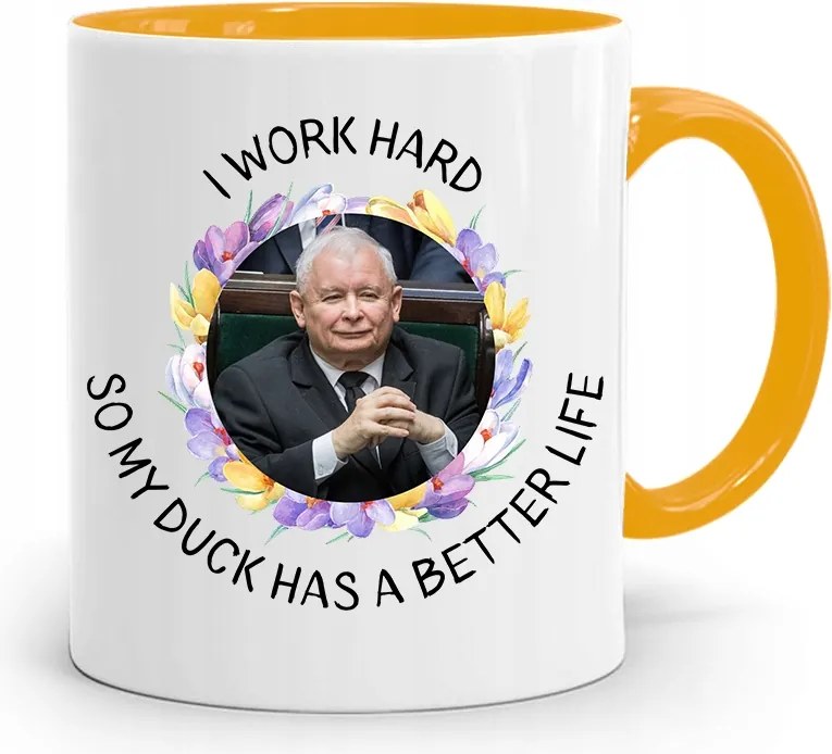 Sárga Vicces Bögre Jaroslaw Kaczynski felirattal, fényképpel