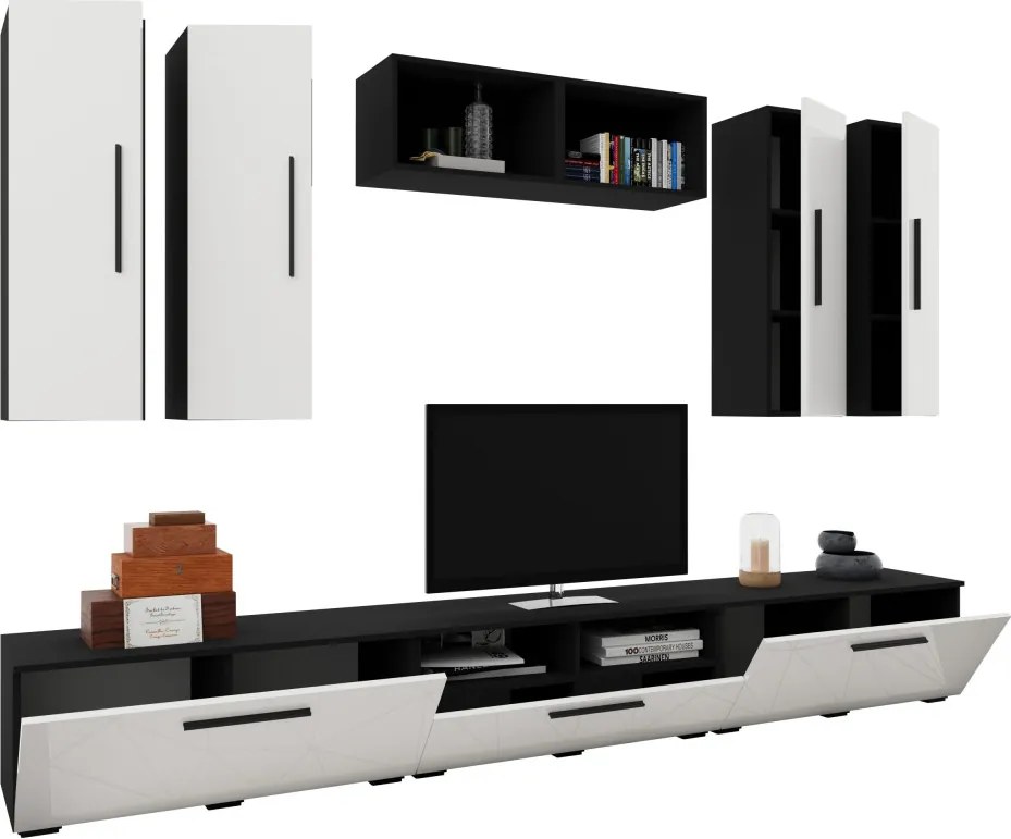 Kos V4 nappali szekrénysor, Fekete / Fényes fehér, MDF, 285 cm