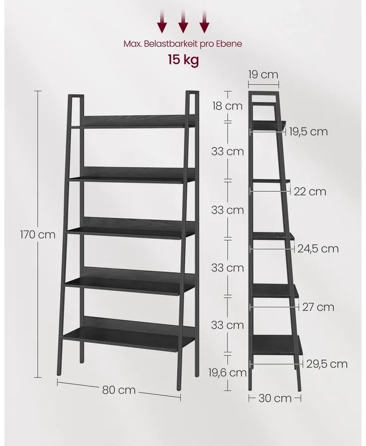 Létrapolc, 5 szintes könyvespolc, acélkeret, fekete