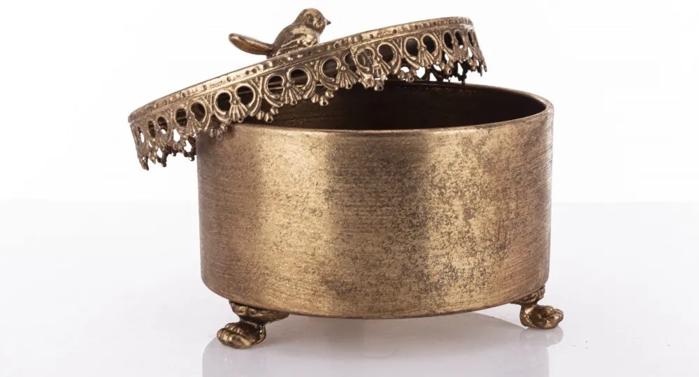 Klasszikus antik bronzos arany fém tárolódoboz madárkás fogantyúval 14x18,5x18,5cm