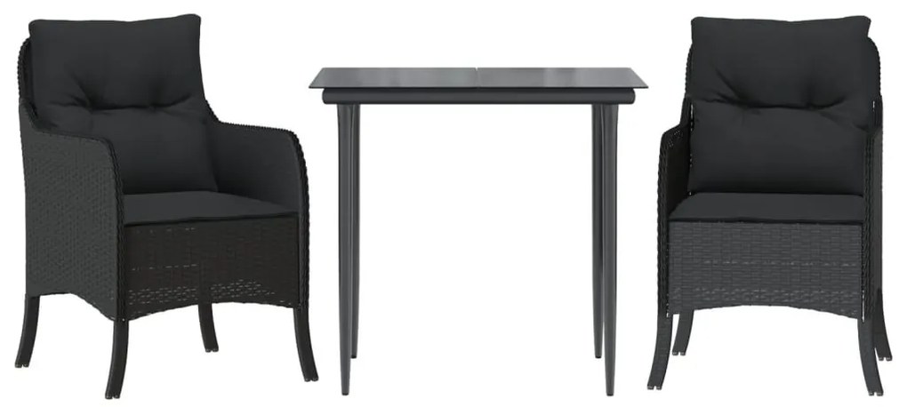 3 részes fekete polyrattan kerti étkezőgarnitúra párnákkal