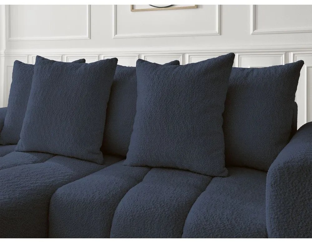 Kék buklé kinyitható-tárolóhelyes sarokkanapé (bal oldali-heverő résszel) Roxelane – Bobochic Paris