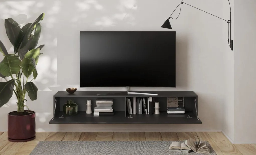 SNAKE TV állvány/fali szekrény, egy felnyíló ajtóval, antracitszürke laminált tettel és antracitszürke, díszített mintázatú előlapokkal