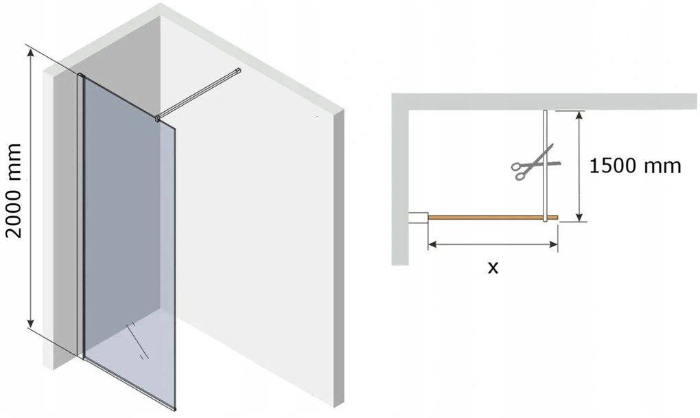 Mexen Kioto zuhanyparaván WALK-IN 8mm, 140x200 cm, szürke üveg (grafit), 800-140-000-00-40