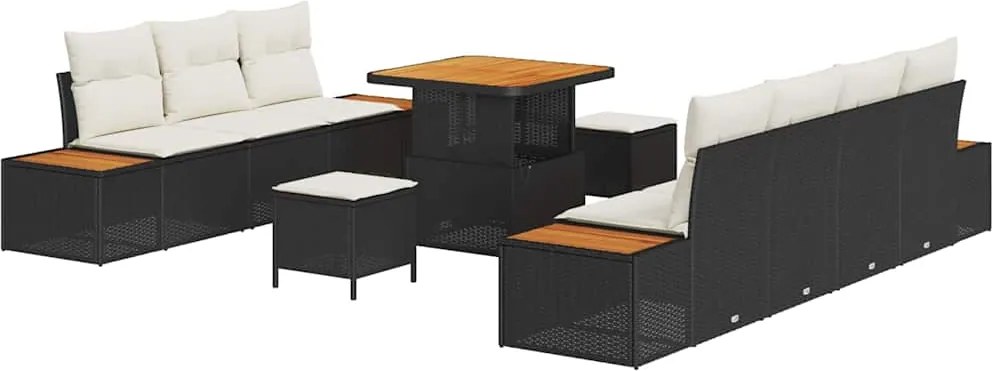 vidaXL Kerti Kanapé Szett párnával tárolóval 10 pcs Fekete Poli rattan
