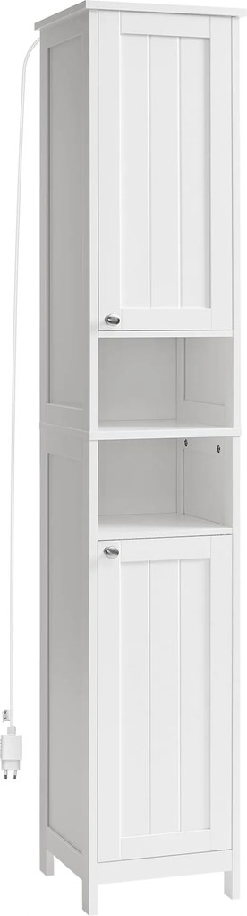 Keskeny Magas Fürdőszoba Szekrény világítással és ajtóval Fehér