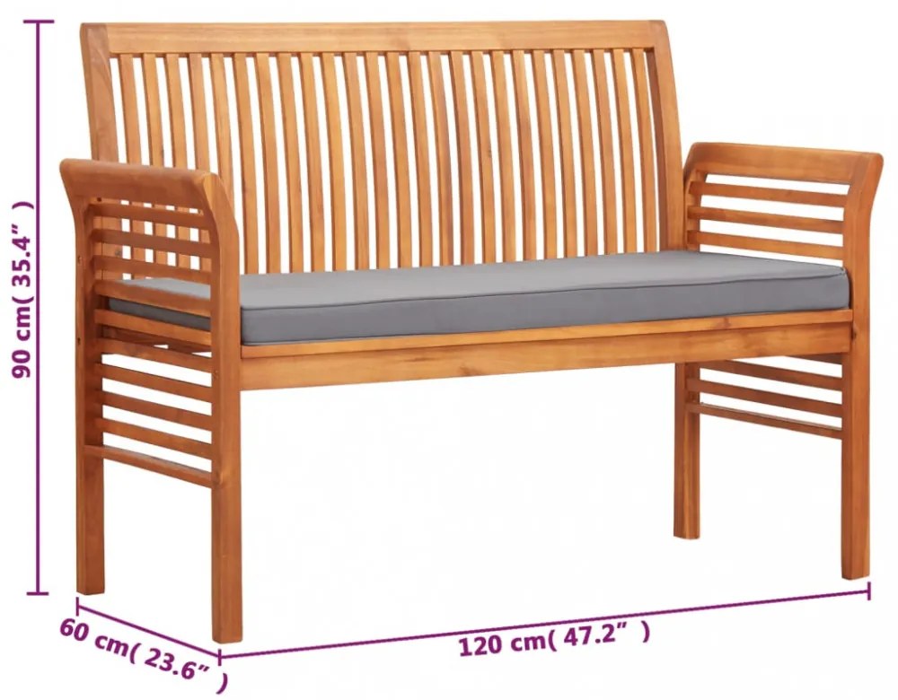 kétszemélyes tömör akácfa kerti pad párnával 120 cm
