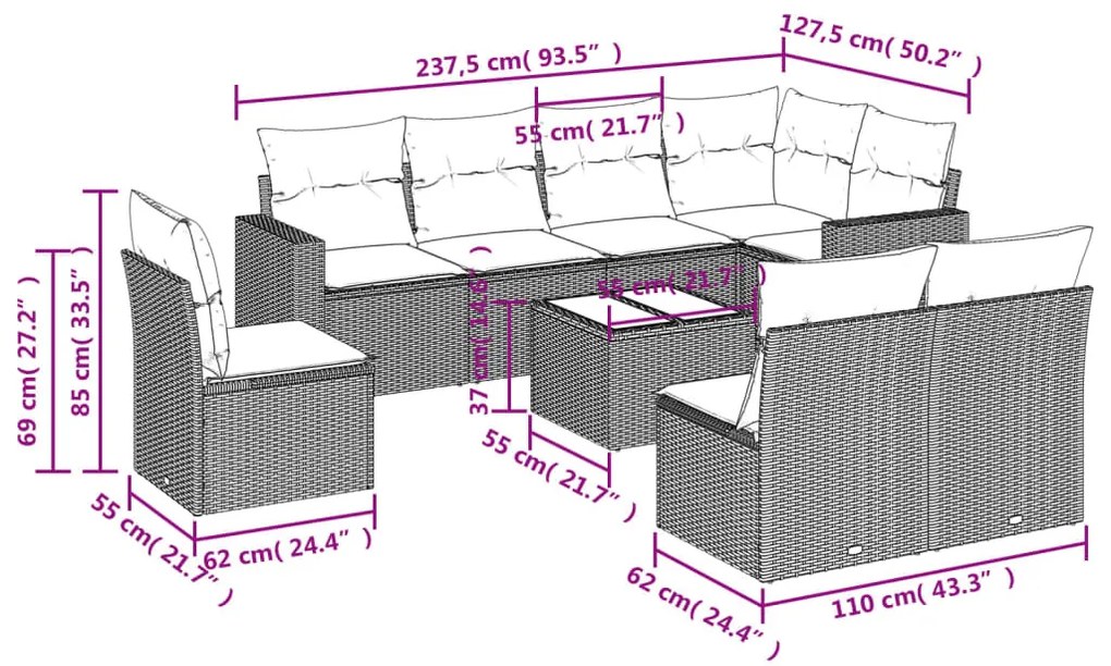 9 részes szürke polyrattan kerti ülőgarnitúra párnákkal