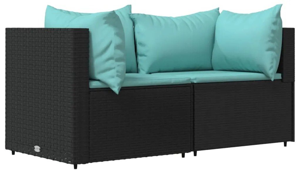 2 db fekete polyrattan kerti sarokkanapé párnákkal