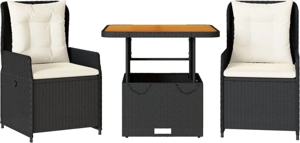 vidaXL 3 részes fekete polyrattan bisztrógarnitúra párnával