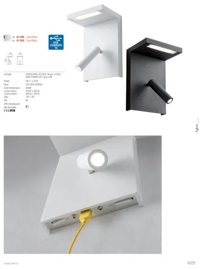 Redo 01-1499 - LED Fali spotlámpa AGOS LED/6W/230V + LED/3,2W USB fehér