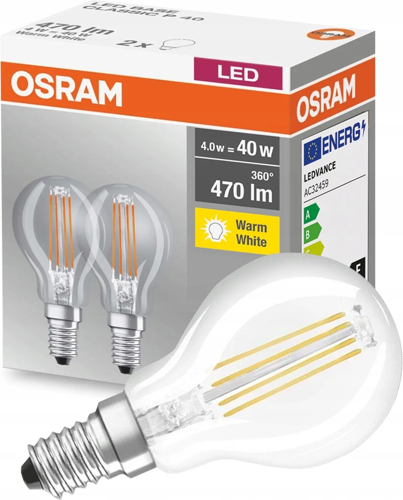 2x Led izzó E14 P45 4W 40W 470lm 2700K Meleg Filament Osram Base