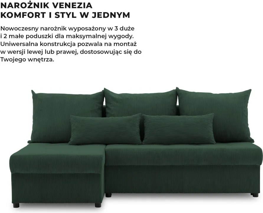 Venezia sarokkanapé, kordbársony, univerzális oldal, bonell töltet, zöld