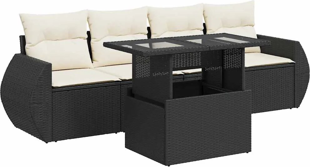 vidaXL 5 részes fekete polyrattan kerti kanapészett párnákkal