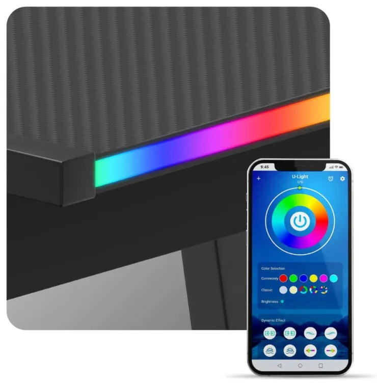 Sarok gamer asztal, íróasztal 147x112cm RGB SMART fekete.