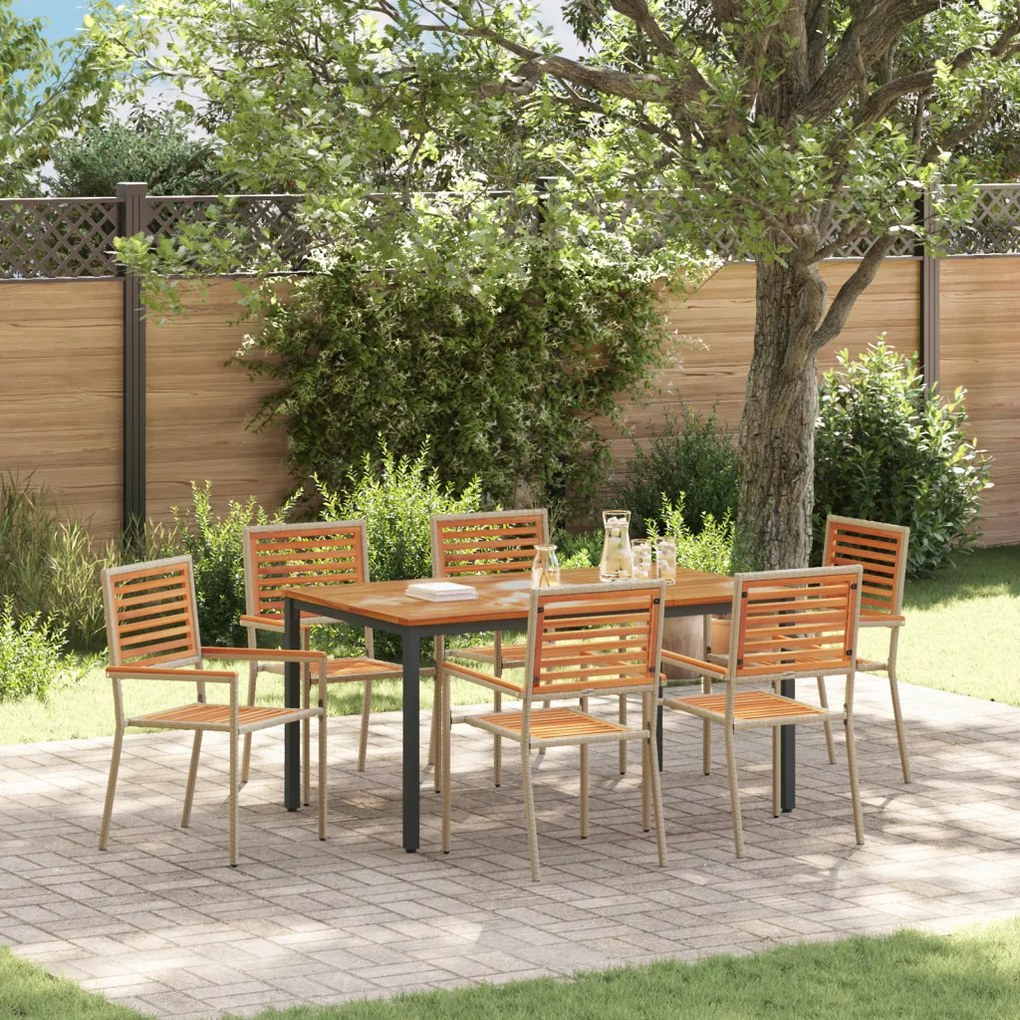7 darabos kerti étkező szett Bézs poli rattan akácia, Egymásra rakható kerti szék párnákkal - 2 darabos készlet Bézs poli rattanban, Kerti asztal 150x90x75 cm Szilárd akácia fa és fém
