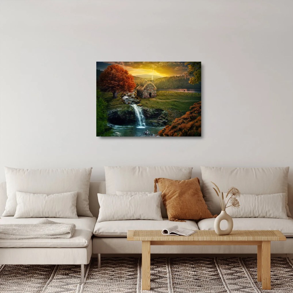 Egy ház képe egy mesebeli tájban (üvegen) (70x50 cm)