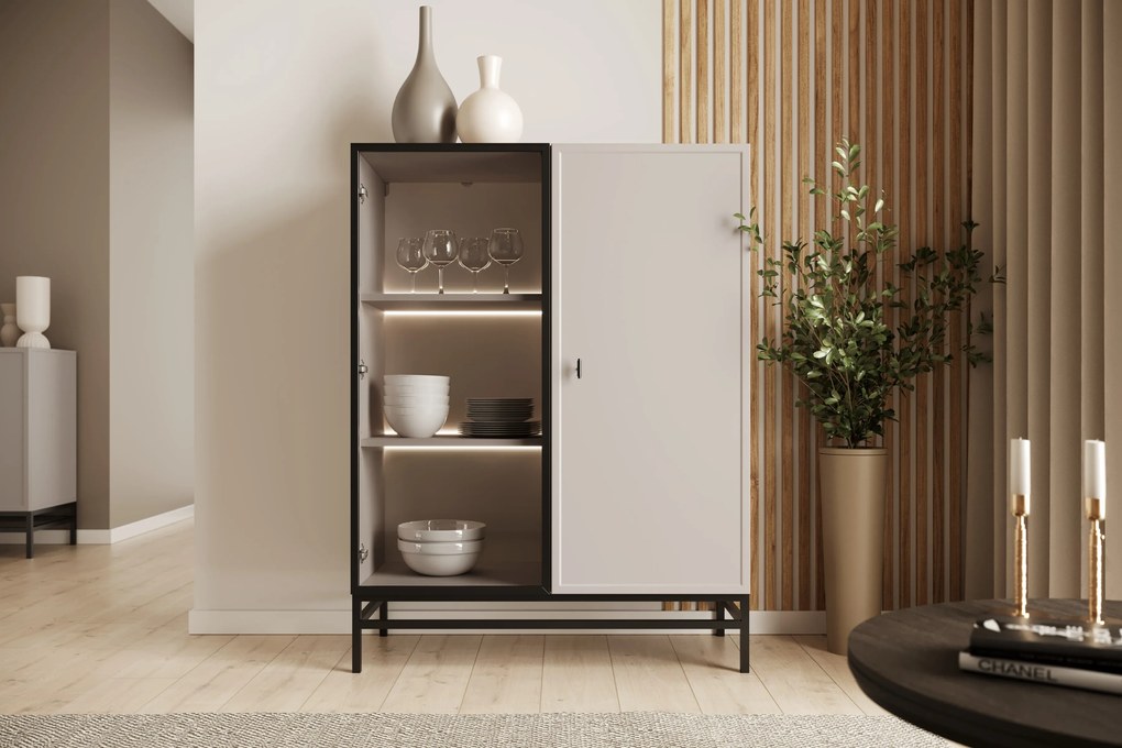 Lorini vitrines szekrény 100 cm kétajtós lábakon - kasmír / fekete T-bar fogantyú / lábazat