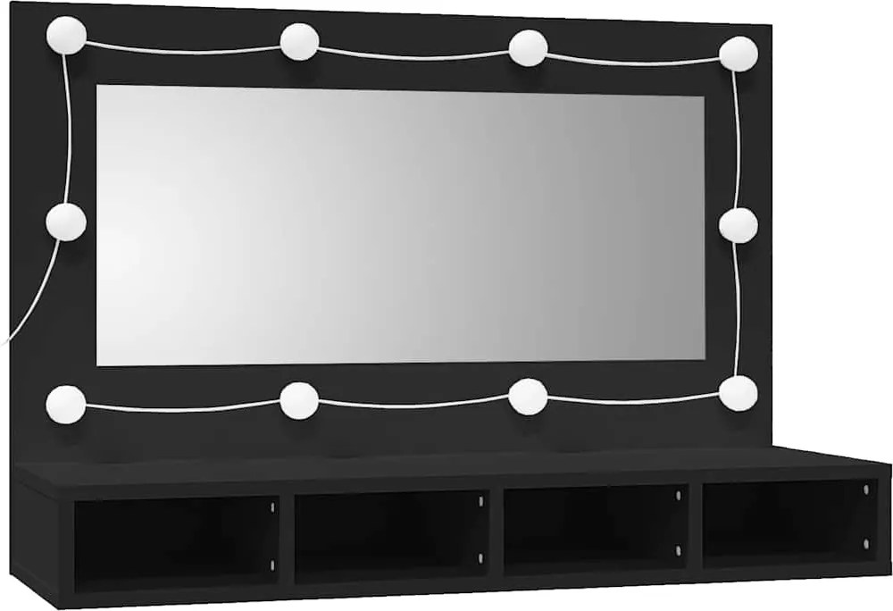 vidaXL fekete tükrös szekrény LED-ekkel 90x31,5x62 cm