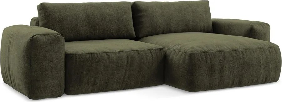 Zöld zsenília kinyitható sarokkanapé (jobb oldali-heverő résszel) Kuki – Makamii