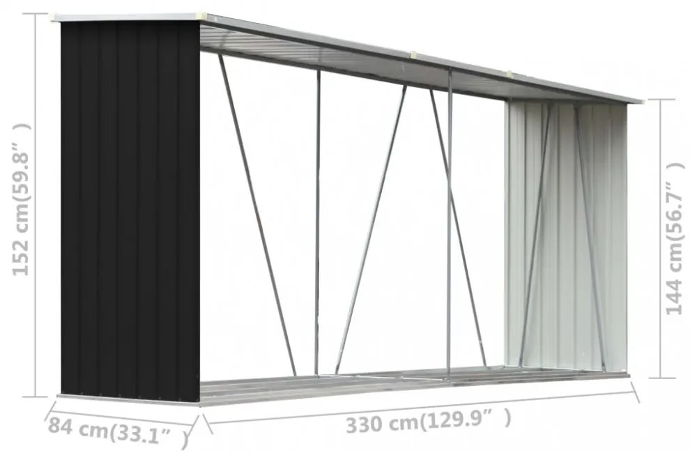 antracit horganyzott acél kerti tűzifatároló 330 x 84 x 152 cm