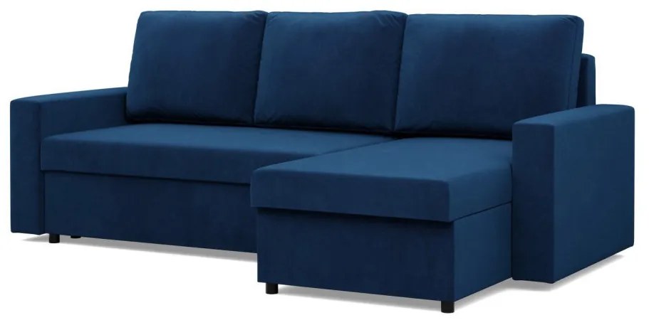 Zeus sarokkanapé, 2 ágyneműtartóval, egyenes kartámasz, bársony, univerzális oldal, hab töltet, kék