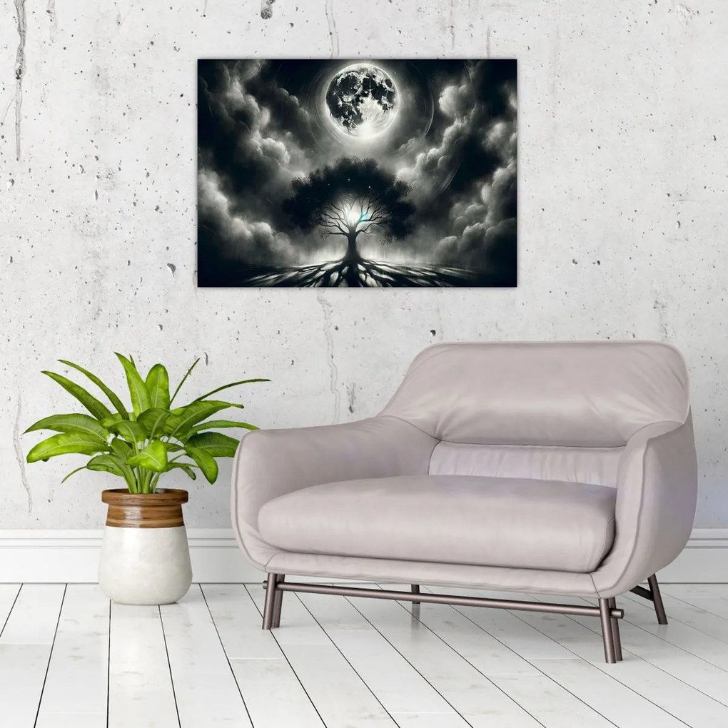 Üveg kép – Fekete-fehér fa teliholdban (70x50 cm)