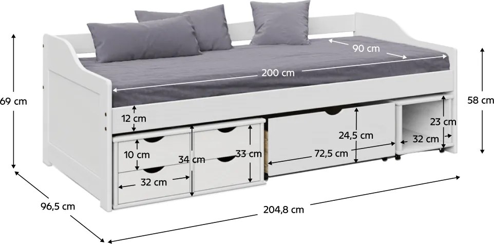 Ágy tárolóhellyel, fehér, tömörfa, 90x200, MAXI NEW