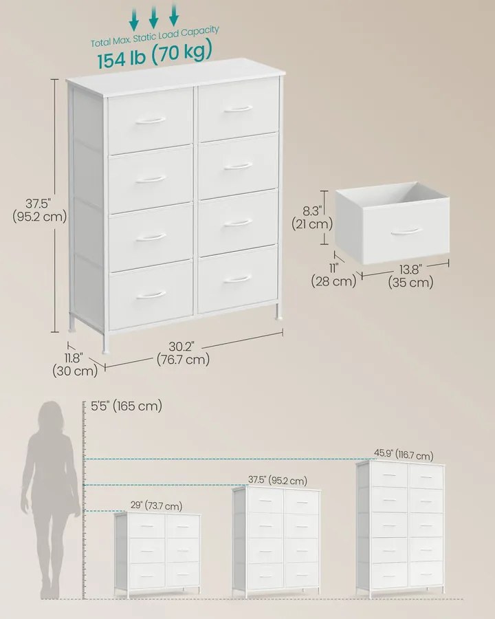 BELLAH modern komód, tárolószekrény 8 fiókkal, felhőfehér és hófehér színben