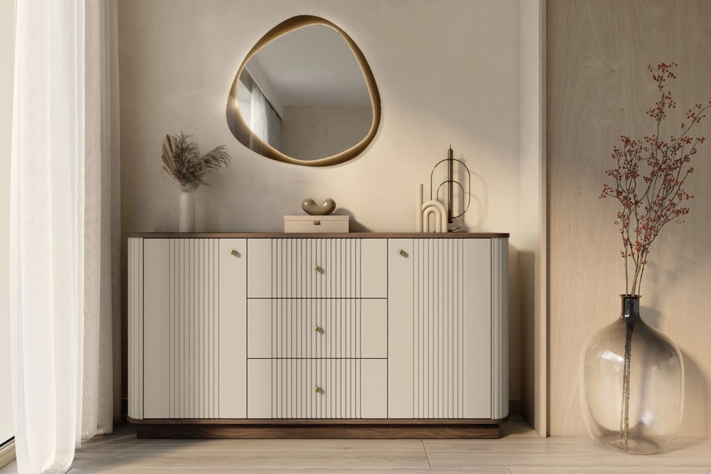 Vesper komód 160 cm fiókokkal - kasmír / dió / arany fogantyúk