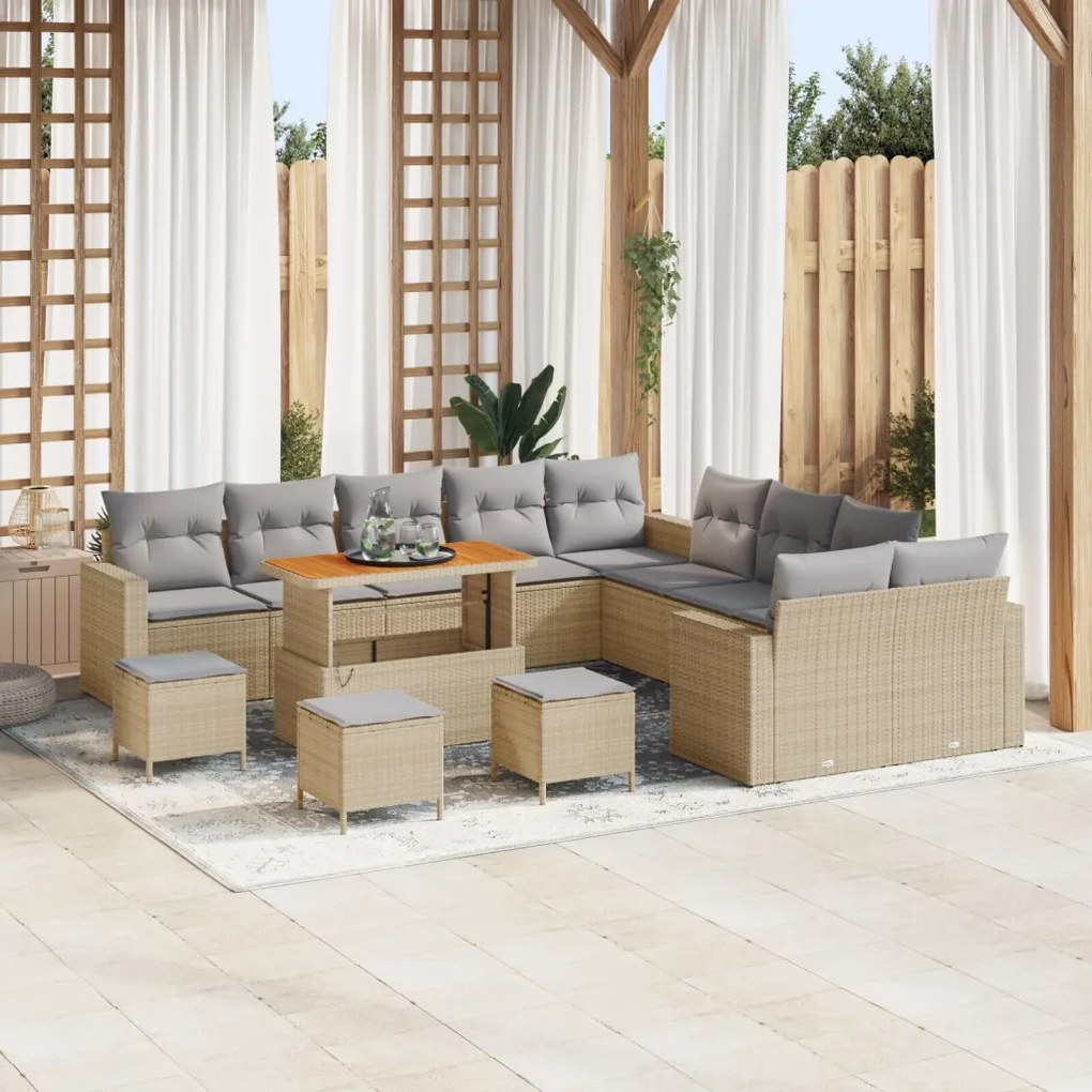13 darabos kerti sofa szett párnákkal Bézs Poli Rattan Akácia, 3 darabos kerti étkező szett párnákkal Bézs Poli Rattan Akácia