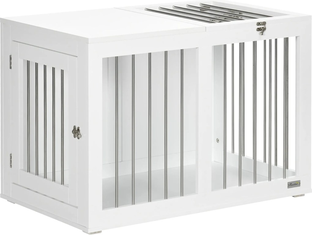 PawHut Kutyafekhely Bútor 2 Ajtóval, Acél Kutyaketrec Otthonra Közepes Kutyák Számára Maximum 20 kg, Oldalasztal Kutyakenel 80 x 50 x 56,5 cm, Fehér |
