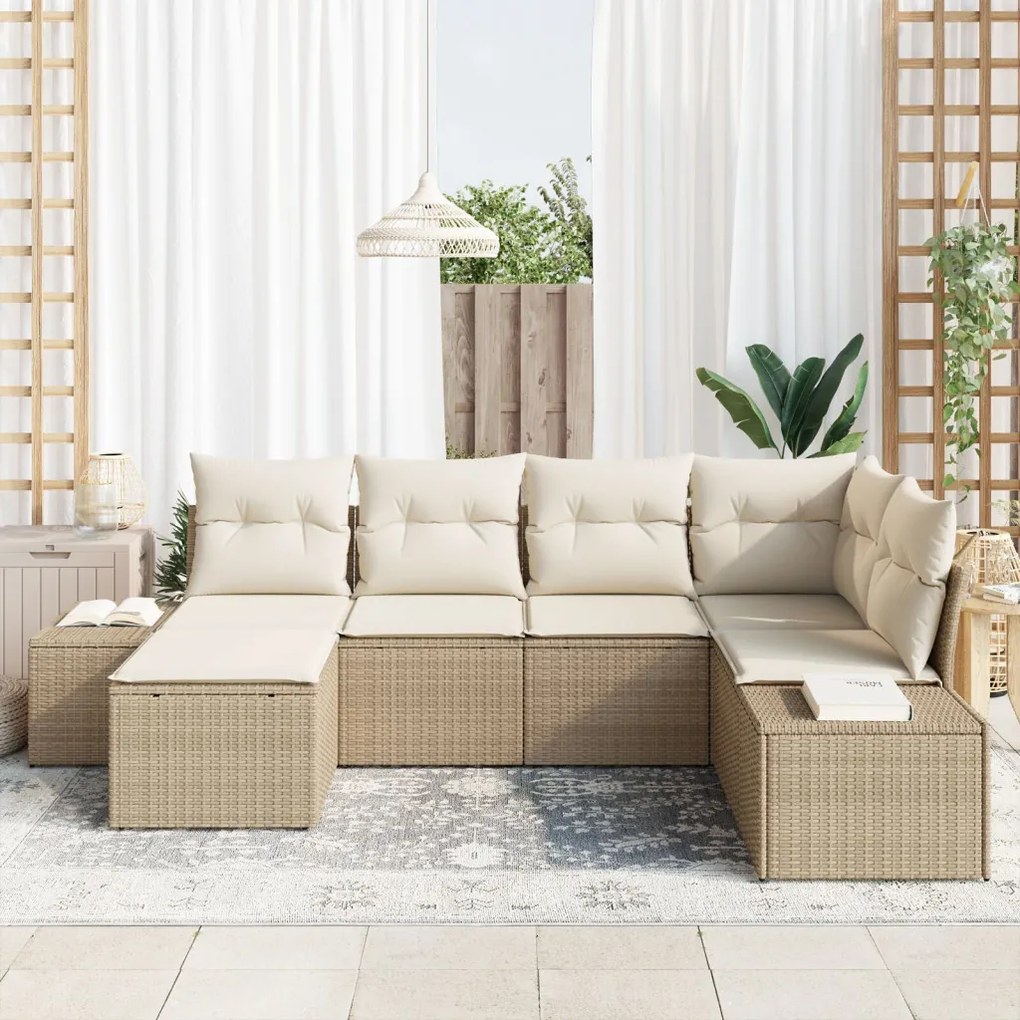 6 részes Kert Sofaszett Párnákkal - Bézs Poli Rattan