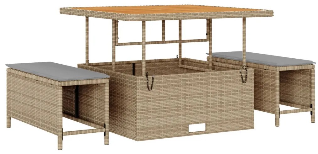 11 darabos Kertiszófa szett párnákkal Bézs Poli Rattan Akác, 3 darabos Kertis Dining Szett párnákkal Bézs Poli Rattan Akác