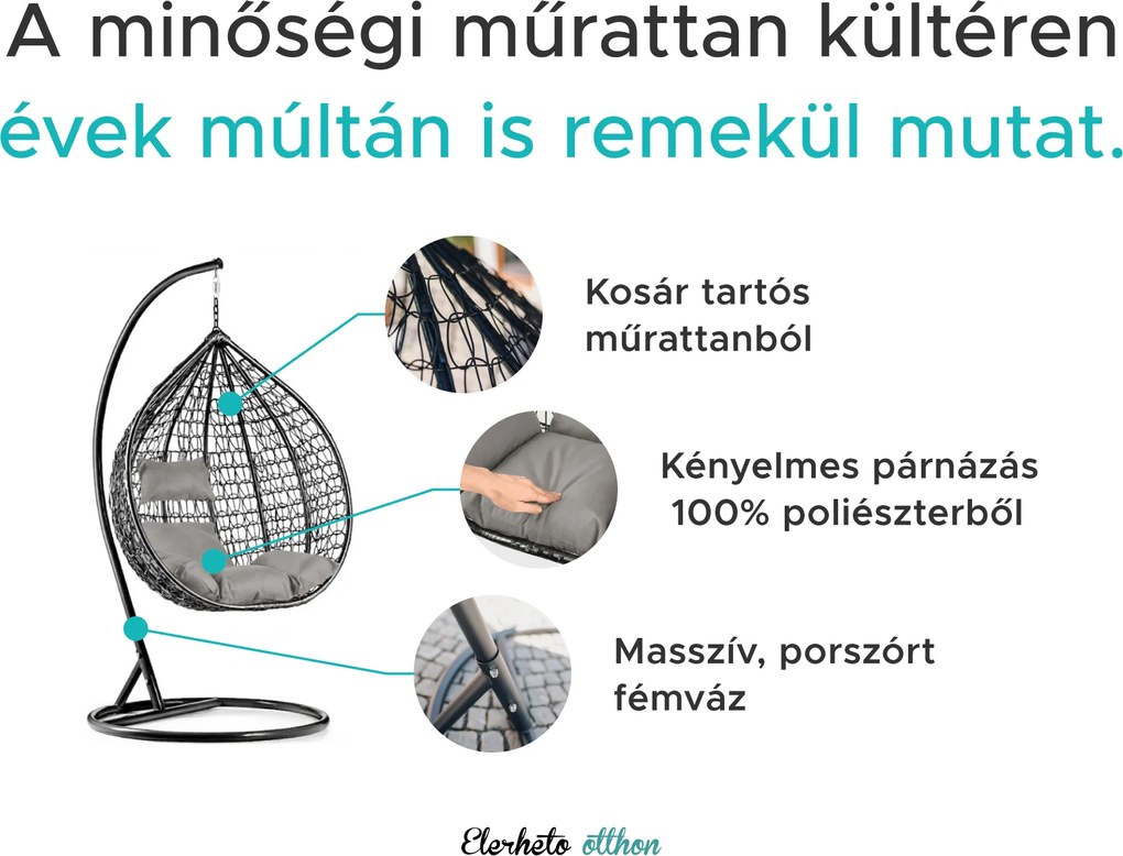 Fekete függőfotel KOKON állvány nélkül, szürke párna
