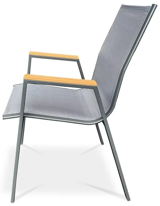 Kerti szék, szürke textilén, szürke fémváz, polywood karfa tölgy dekorral