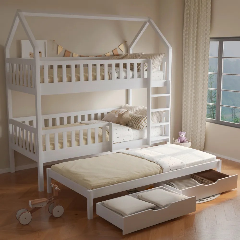 Montessori emeletes ágy pótággyal, fehér, VENITA TYP 1