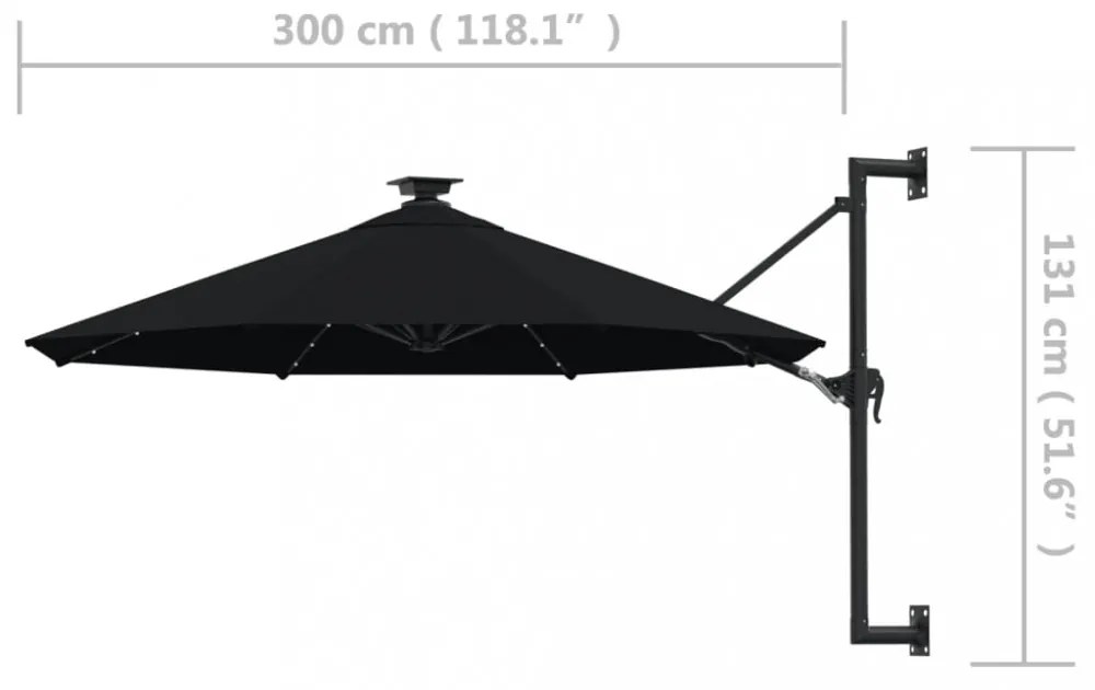 fekete fali napernyő LED-ekkel és fémrúddal 300 cm