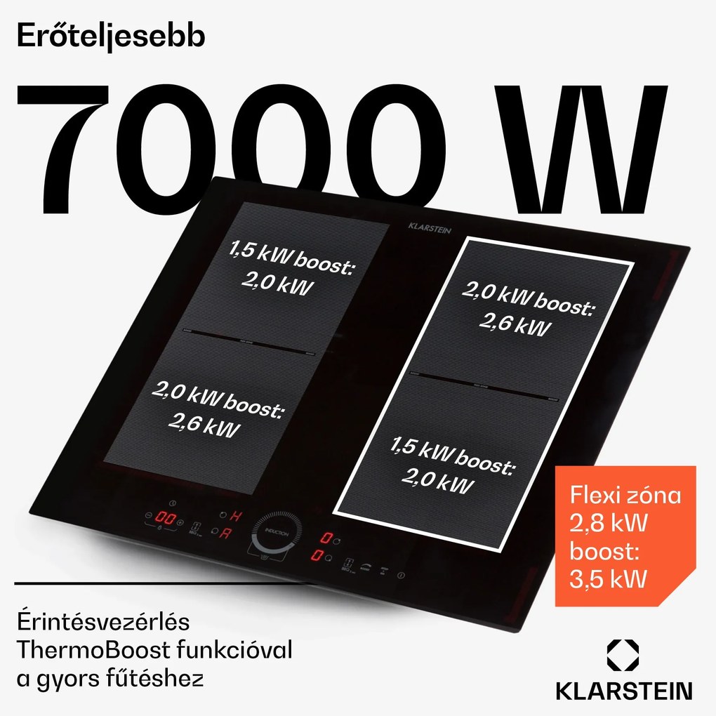 Klarstein Delicatessa 60, beépített indukciós főzőlap, 7000 W, 4 zóna, üvegkerámia, fekete