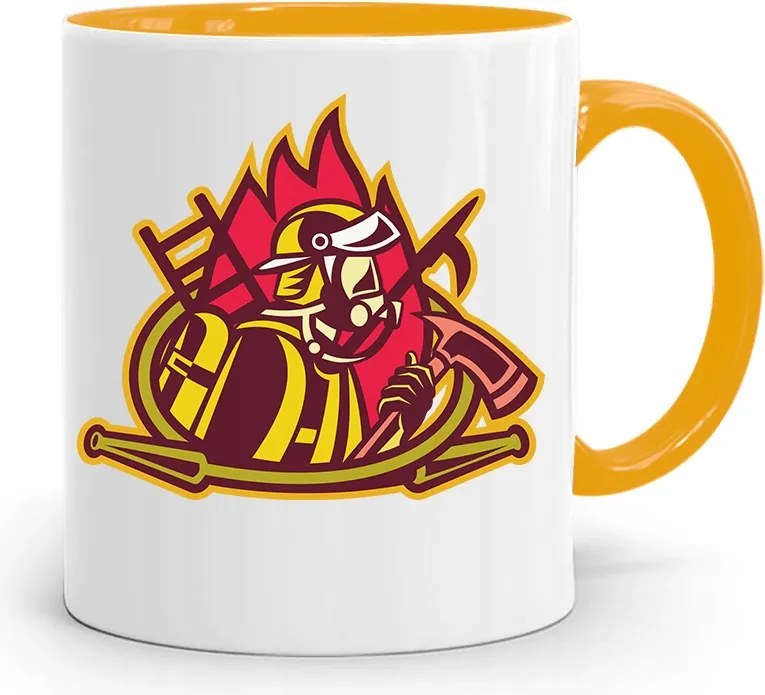 Sárga Bögre Tűzoltónak Tűzoltó Lángokban, fényképes nyomattal