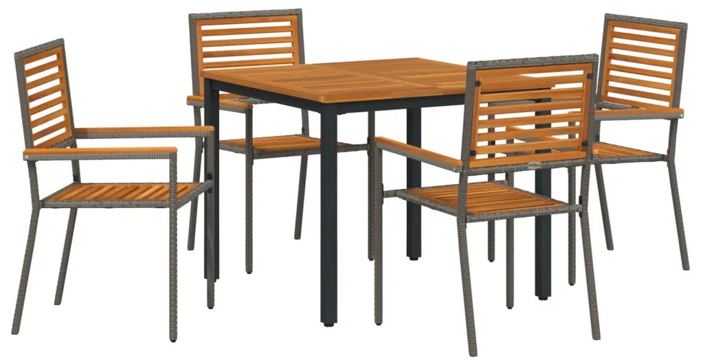 5 darabos kerti étkező szett szürke poli rattan akáccal, összecsukható kerti székek párnákkal 2 db szürke poli rattan, kerti asztal 90x90x75 cm szilárd akácfából és fémből