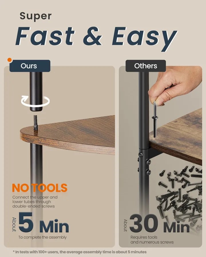 5 szintes sarokpolc, gyors összeszerelés, rusztikus barna tároló állvány