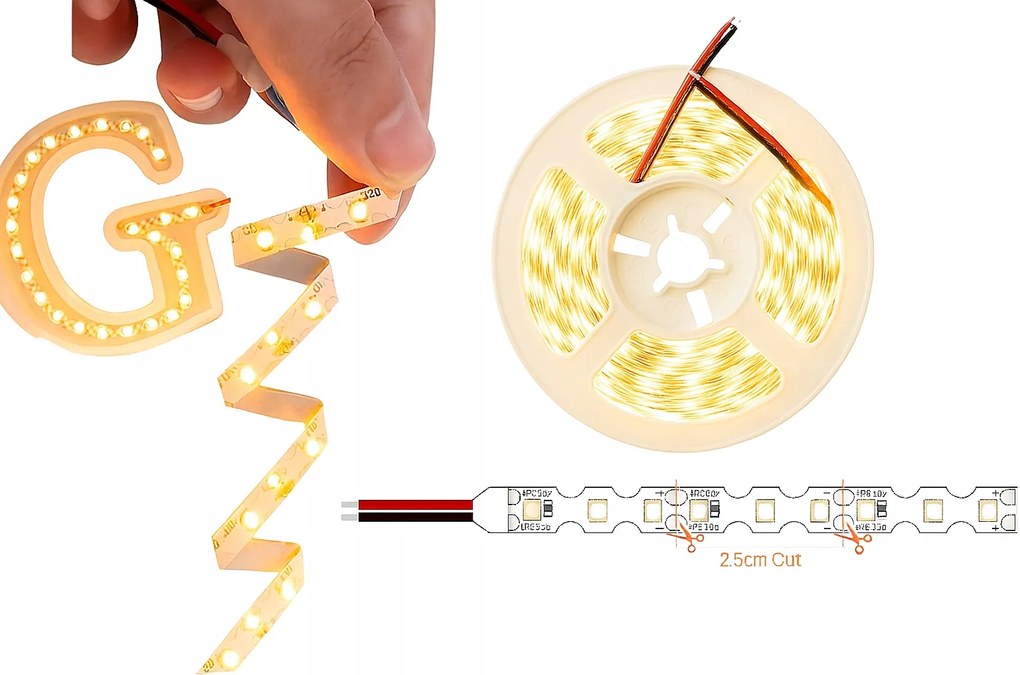 Led szalag 10m 12V 2835 Smd 8W/m S-Shape 6mm Meleg fehér Rugalmas