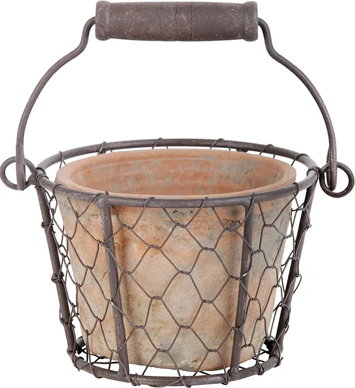 Virágcserép drót kosárban, fogantyúval