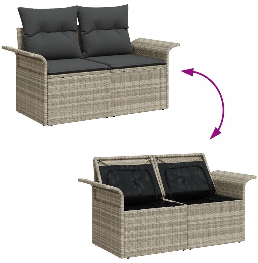 9 részes Kert Kanapé Szett Párnákkal Világosszürke Poly Rattan, 2-személyes Kert Kanapé Tárolóval és Párnákkal Világosszürke Poly Rattan