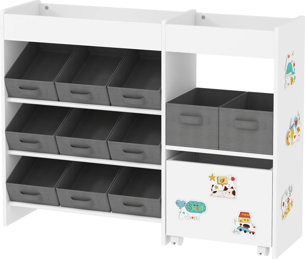 AIYAPLAY Játék Tároló Polc Gyerekeknek 11 Élhető Kosárral és Matricalapokkal, 105x30x80 cm, Fehér | Aosom