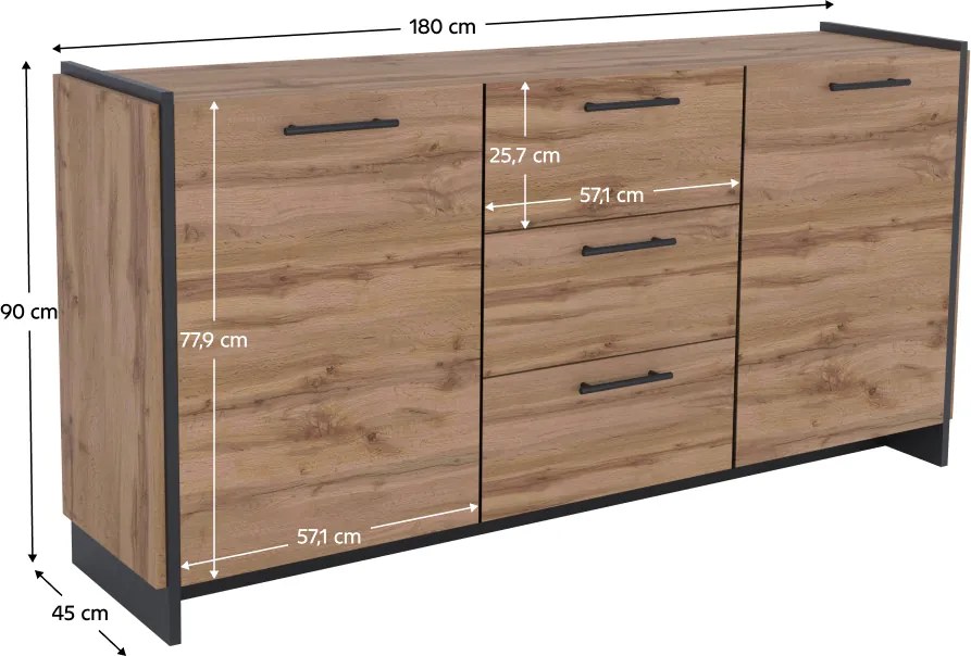 Komód, wotan tölgy/fekete, AMONI 2D3S